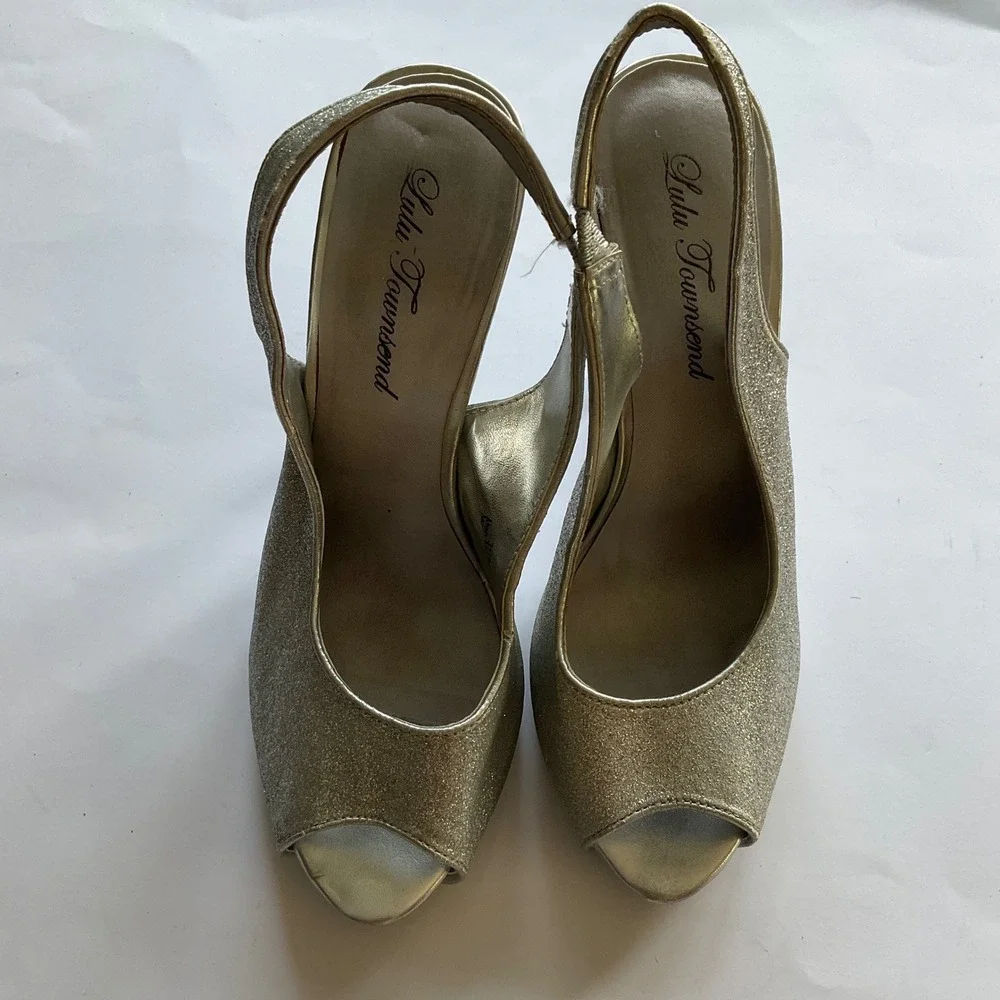 Lulu‎ Townsend Silver Glitter Peep Toe Slingback Platform Pumps Heels Stiletto 7